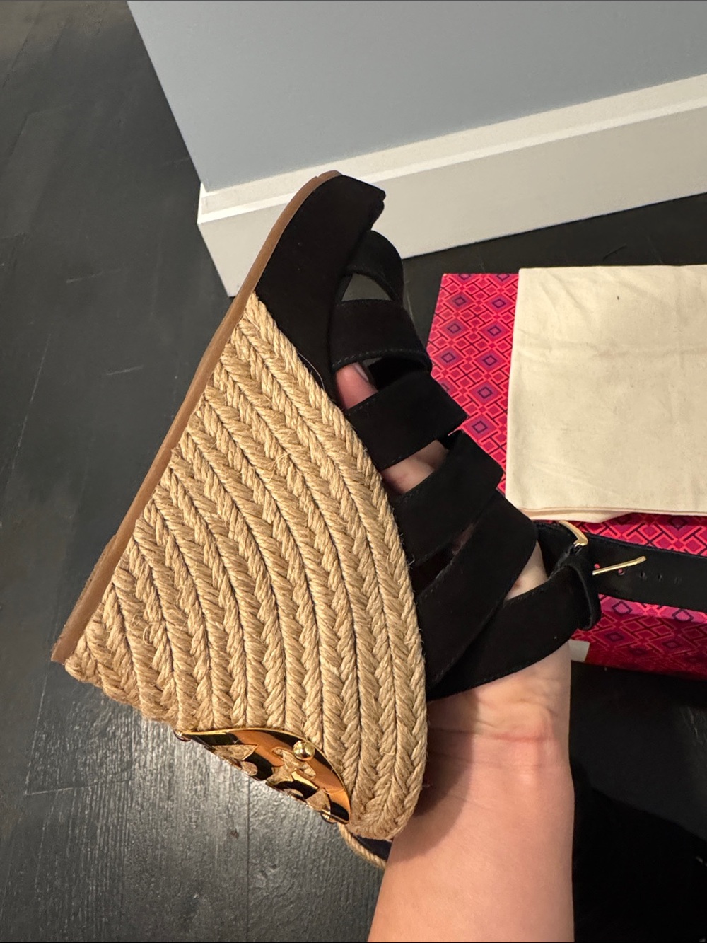 Tory Burch Black Suede Espadrille Wedge Sandals with Gold Logo - Picture 9 of 12
